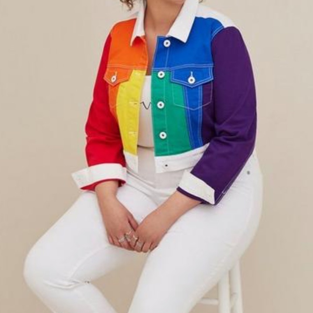 New Torrid Always Proud Denim Rainbow Pride LGBTQ Jean Jacket 3X 22 24